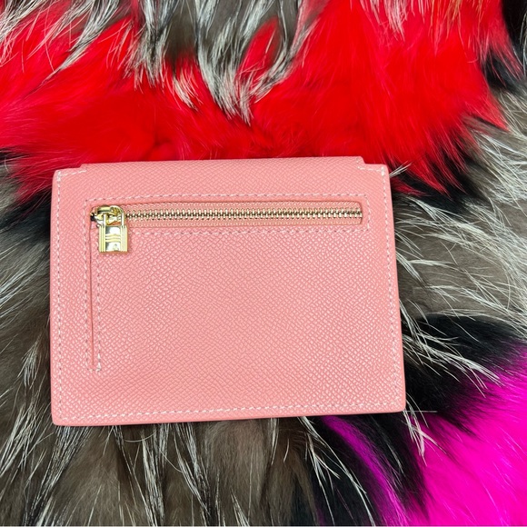 Pink Genuine Epsom Leather Coin Purse Compact Card Holder with Gold hardware. - Picture 5 of 7